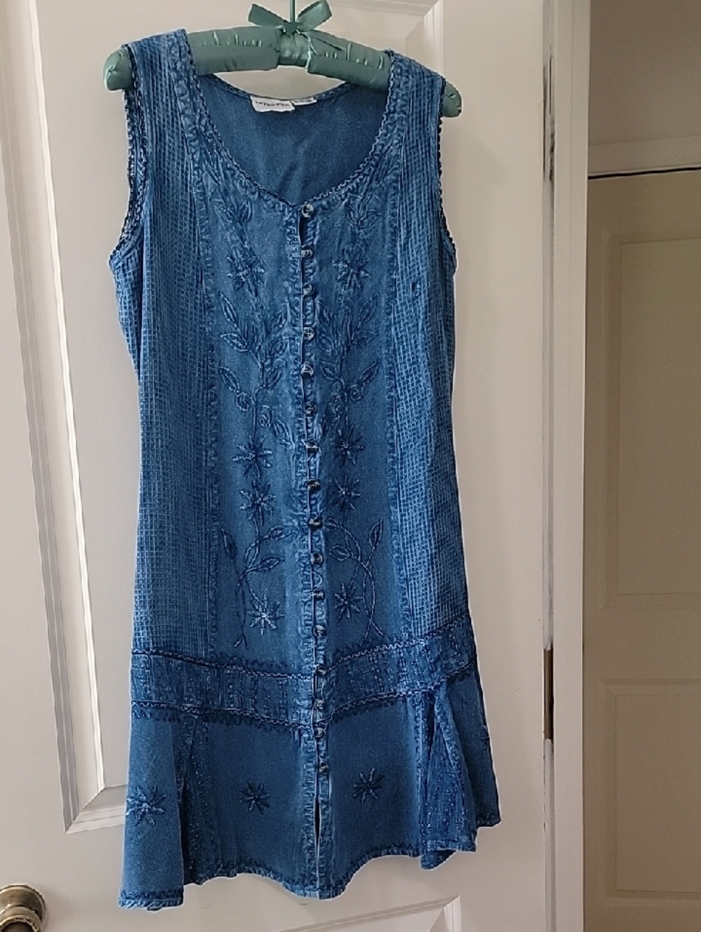 raya sun Blue Embroidered Button-Front Mini Dress